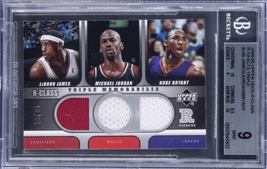 2004-05 Upper Deck R-Class "R-Tifacts Triple" #JJB LeBron James/Michael Jordan/Kobe Bryant Game Used Warm-Up Patch Card (#19/25) – BGS MINT 9
